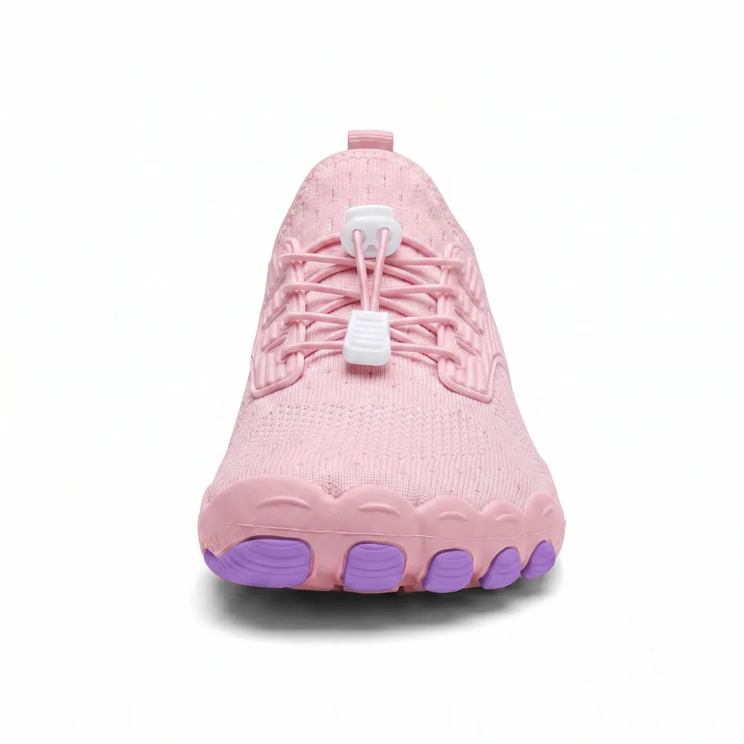 Front view of a pink barefoot trainer showing the wide toe box, elastic laces with white toggles and purple toe pads. 35