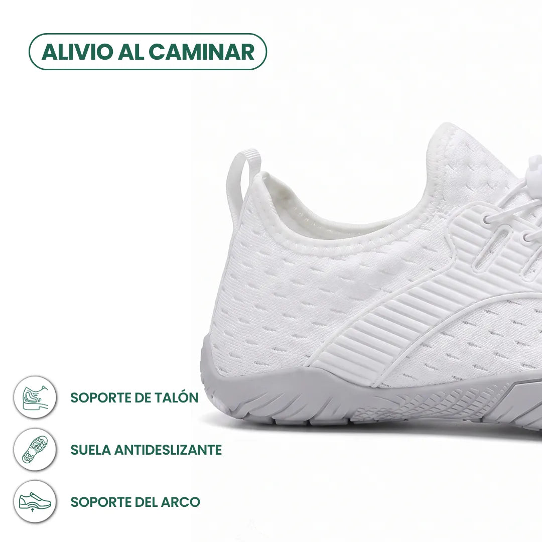 Close-up of the heel of a white trainer with icons highlighting heel support, non-slip sole and arch support. 4