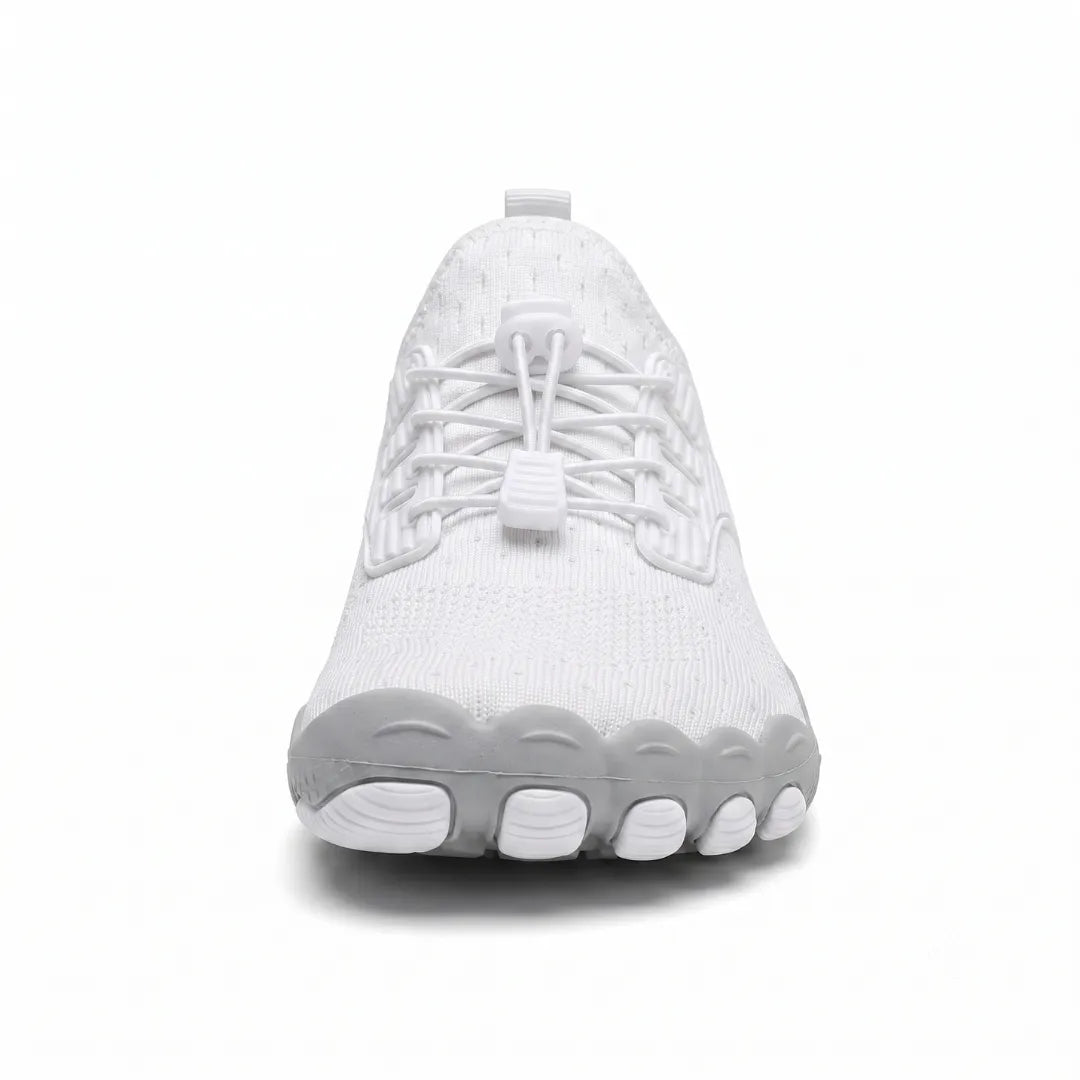 Front view of a white trainer showing the broad rounded toe, toggle laces and separated toe pods on the grey sole. 8
