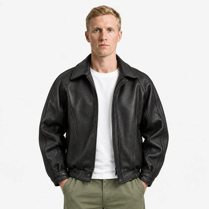 Men's Leather Zip Jacket – Structured Collared Layer for Spring/Fall