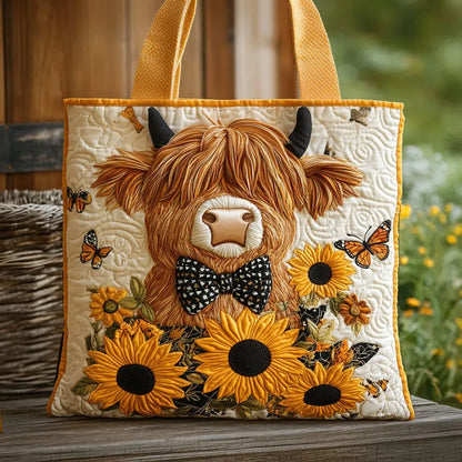 Quilted tote with a Highland cow in a spotted bow tie, sunflowers and butterflies, standing on a rustic wooden bench outdoors. 1