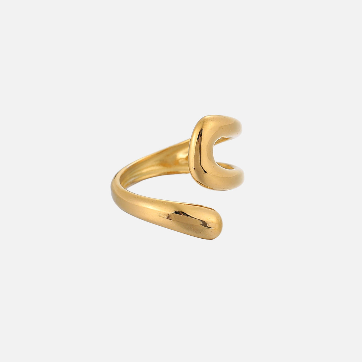 Side view of the open gold-tone ring, showing its curved wraparound shape and the rounded end 2