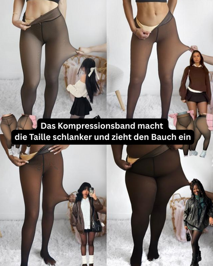 Four-panel collage of brown sheer tights being stretched to show the fleece lining at the waist, with small outfit styling shots. 2