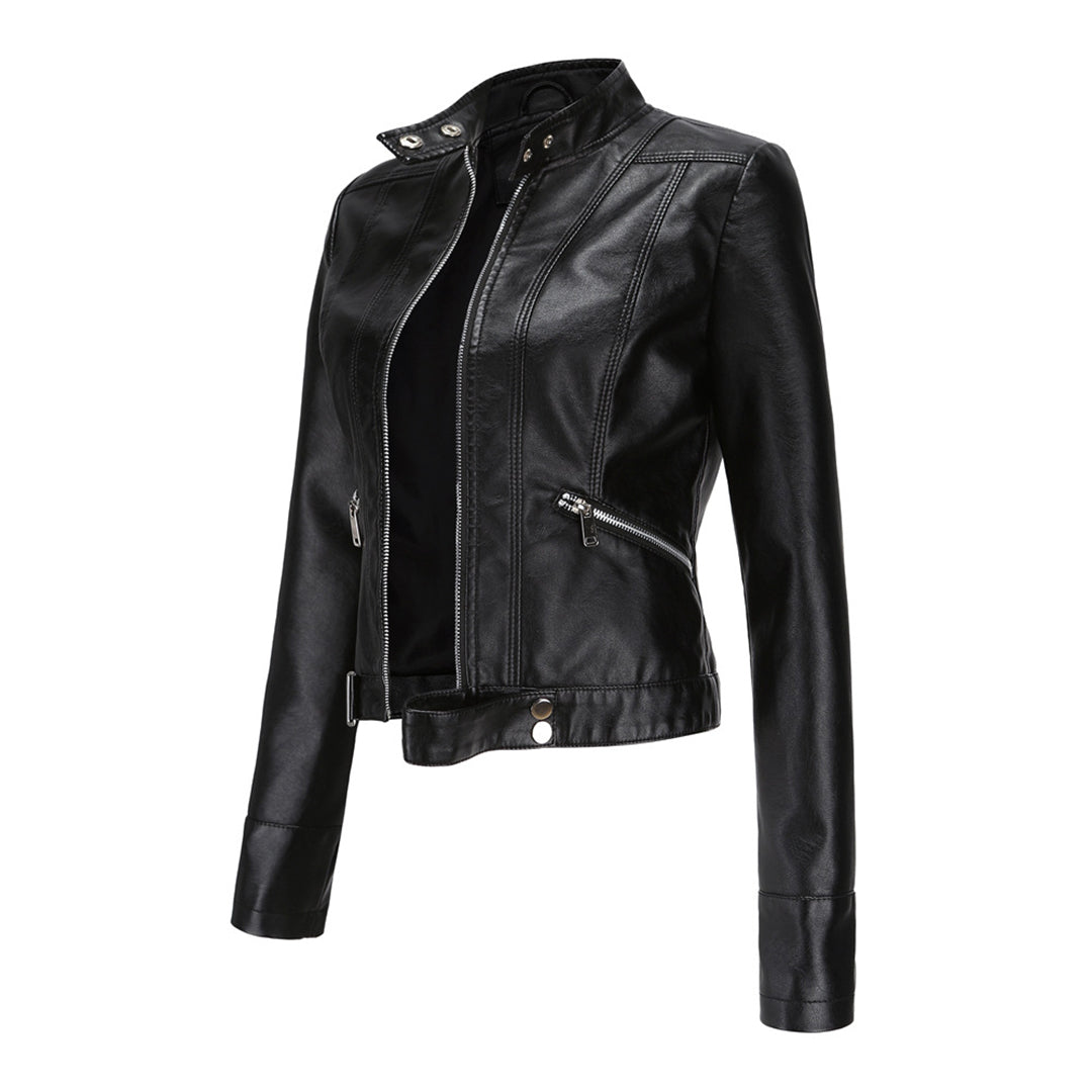 Three-quarter side view of the black jacket, unzipped, showing diagonal zip pocket, panel stitching and snap-fastened hem tab. 9