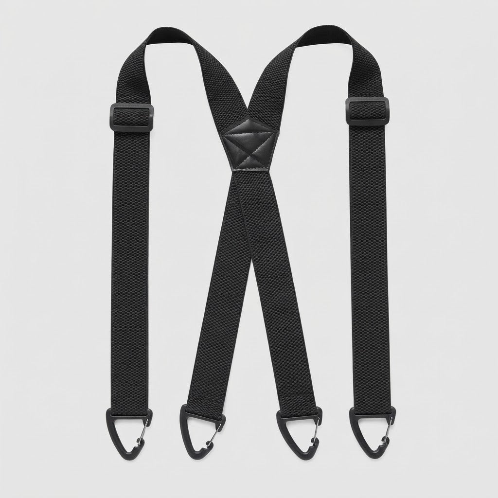 Black X-shape braces laid flat with four black clip hooks, adjusters and a stitched back patch 18
