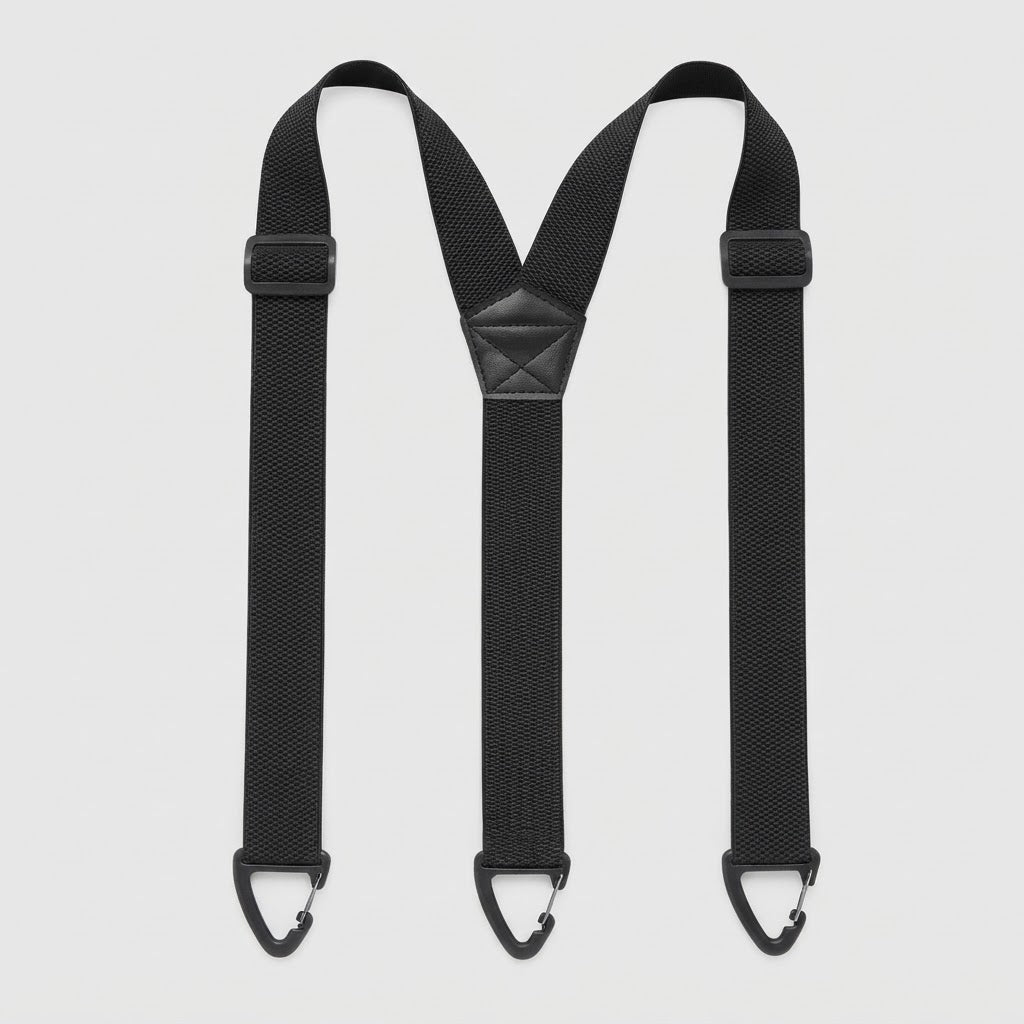 Black Y-shape braces laid flat with three black clip hooks, adjusters and a stitched back patch 19