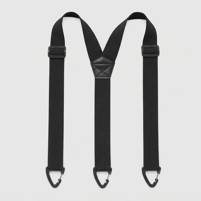 Black Y-shape braces laid flat with three black clip hooks, adjusters and a stitched back patch 19
