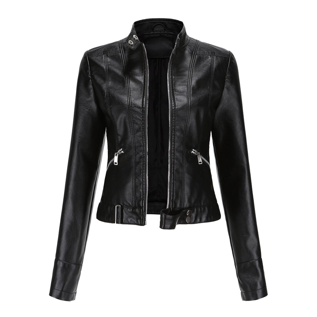 Front view of the black cropped jacket, unzipped, showing stand collar, slanted zip pockets and belted hem with press studs. 2