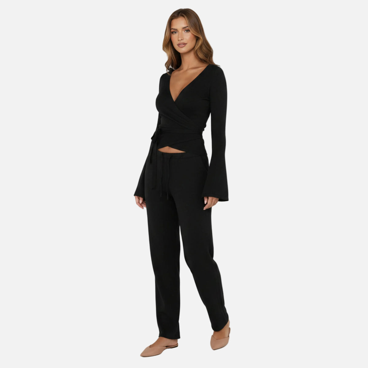 Knit Lounge Set Women's Wrap Top and Wide Leg Trousers