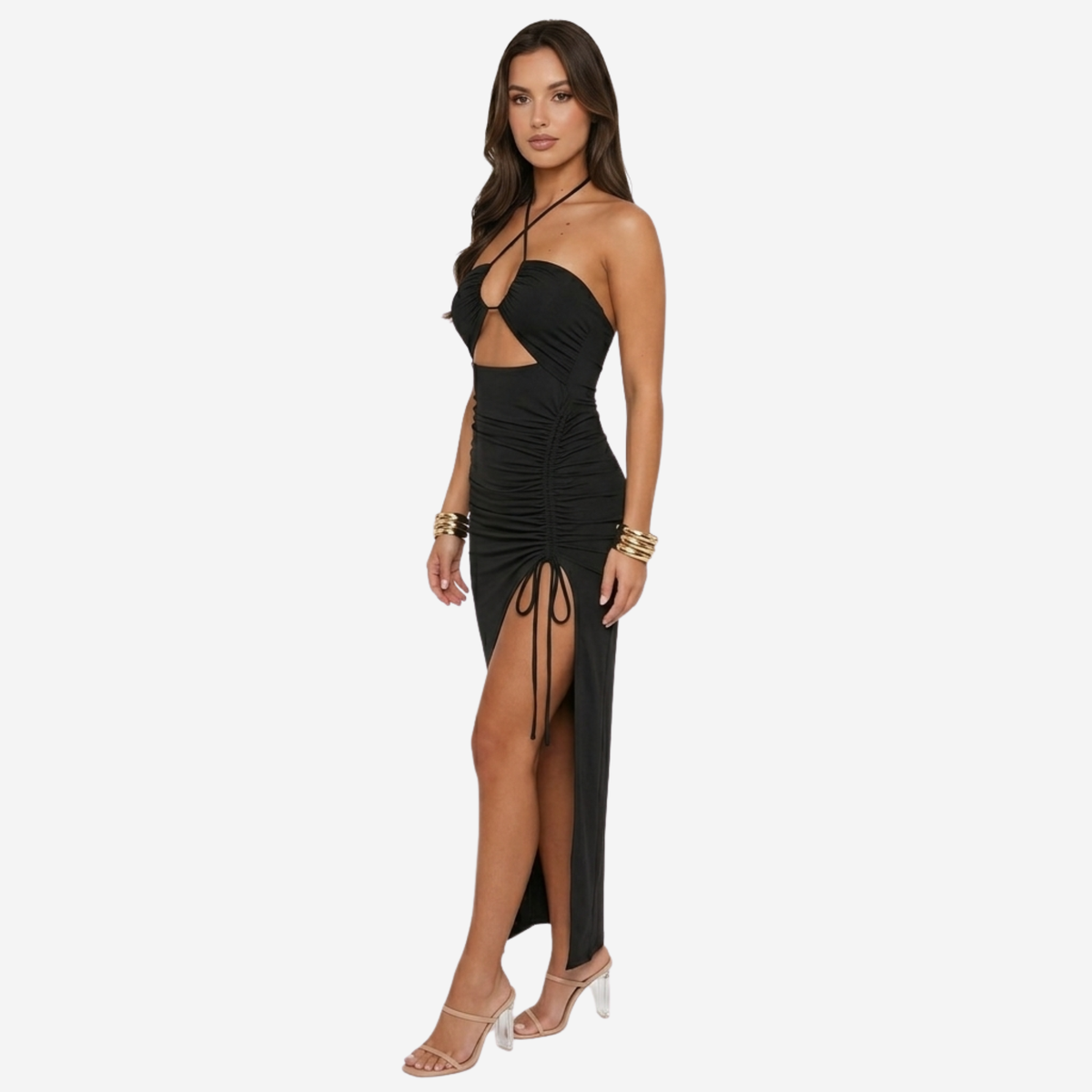Maxi Dress Women's Halter Cut-out Ruched Side Slit with Drawstring