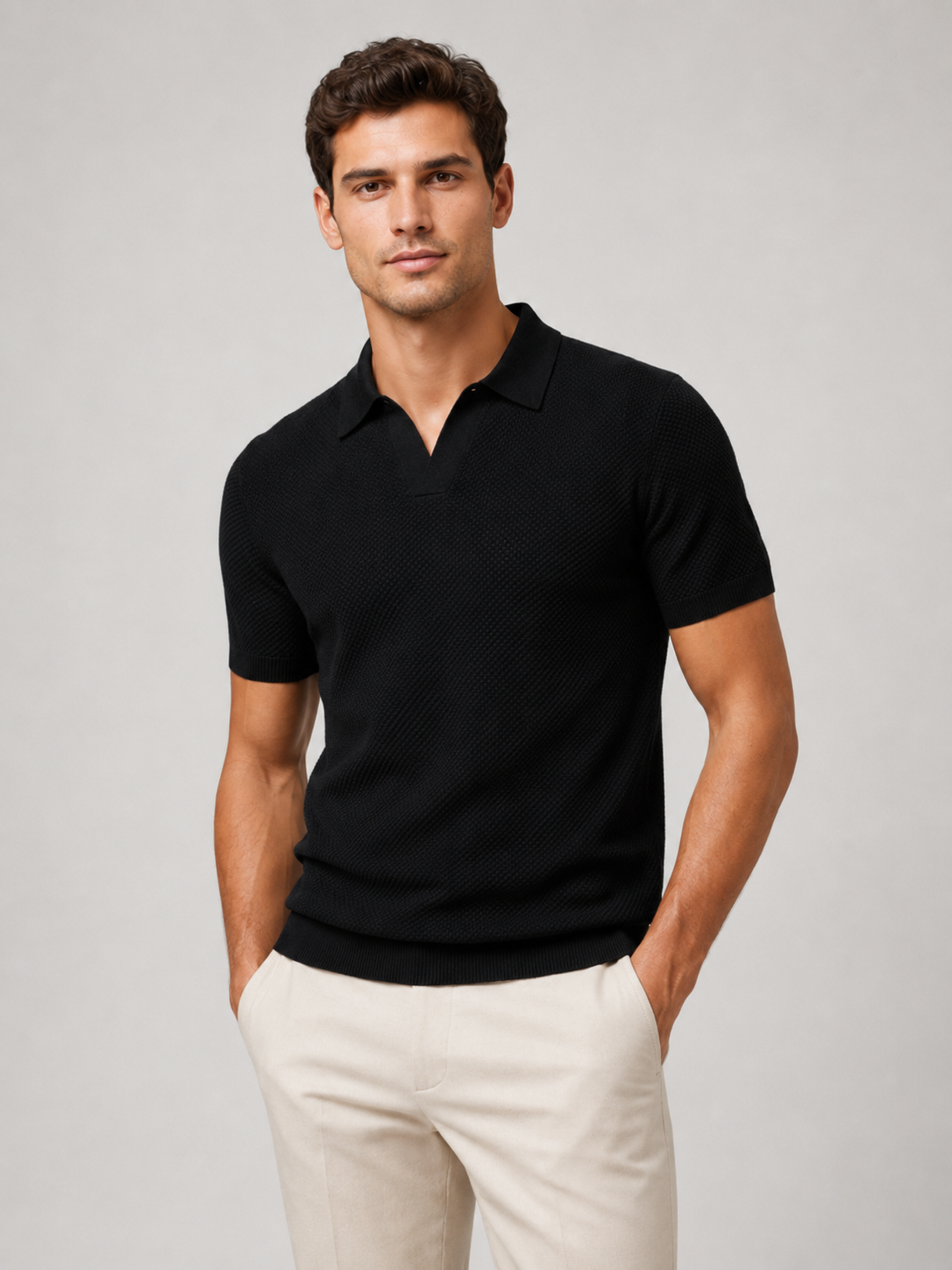 Model in black textured knit polo with open collar and cream trousers, front view 6