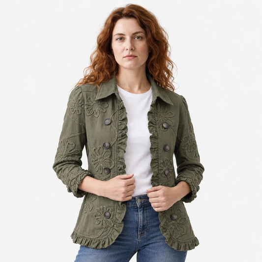 Boho-Chic Floral Utility Jacket with Ruffled Trim