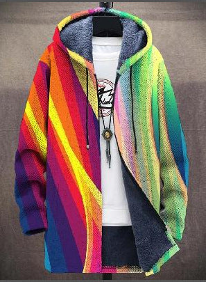 Hooded fleece-lined cardigan with bold diagonal rainbow stripes, shown open over a white top on a stand 2