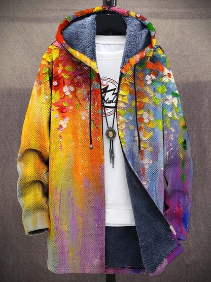 Hooded fleece-lined cardigan with a painterly floral print in orange, yellow, purple and blue on a stand 3