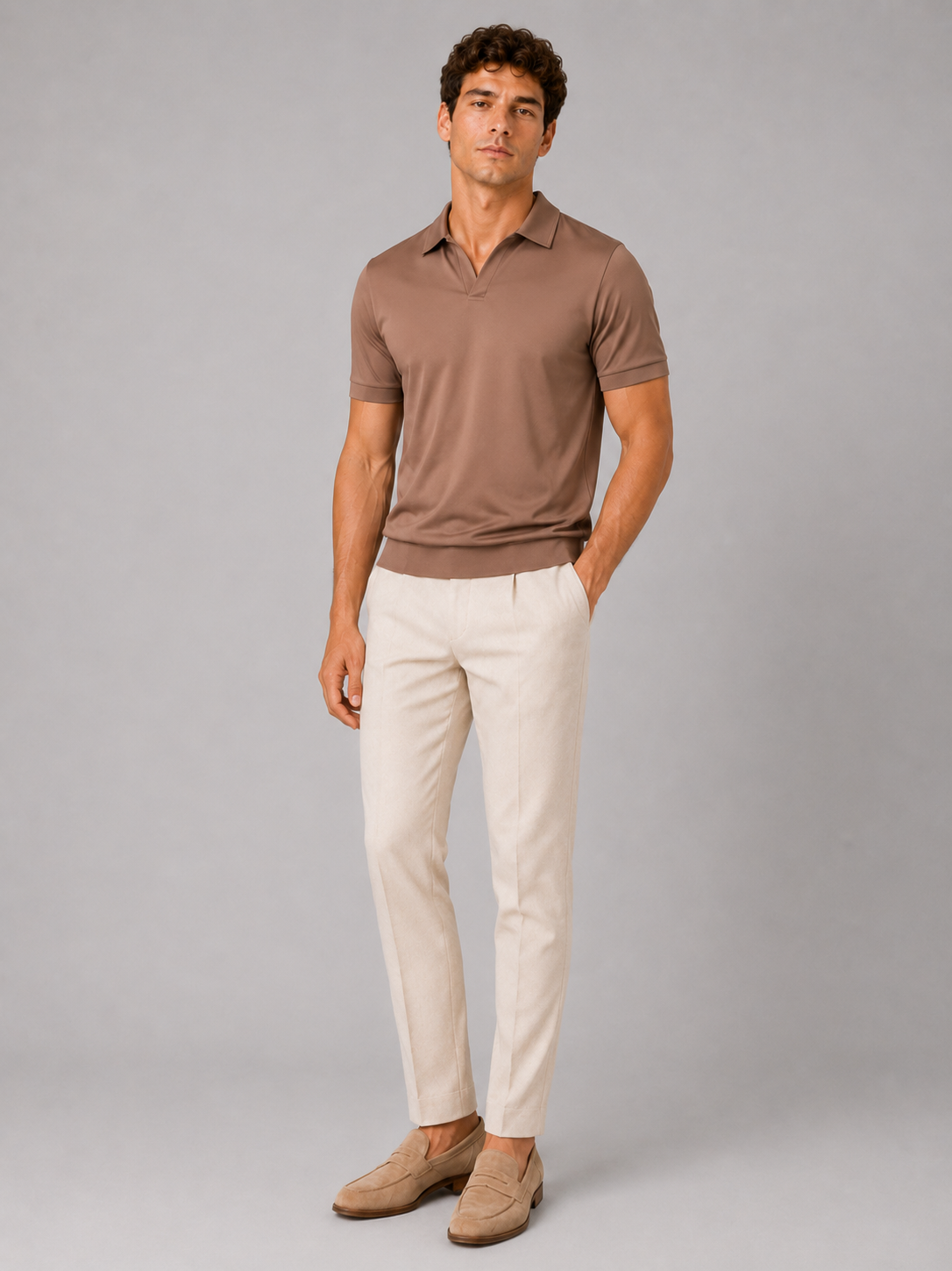 Full-length studio shot of the brown polo styled with cream pleated trousers and tan suede loafers, one hand in pocket. 13