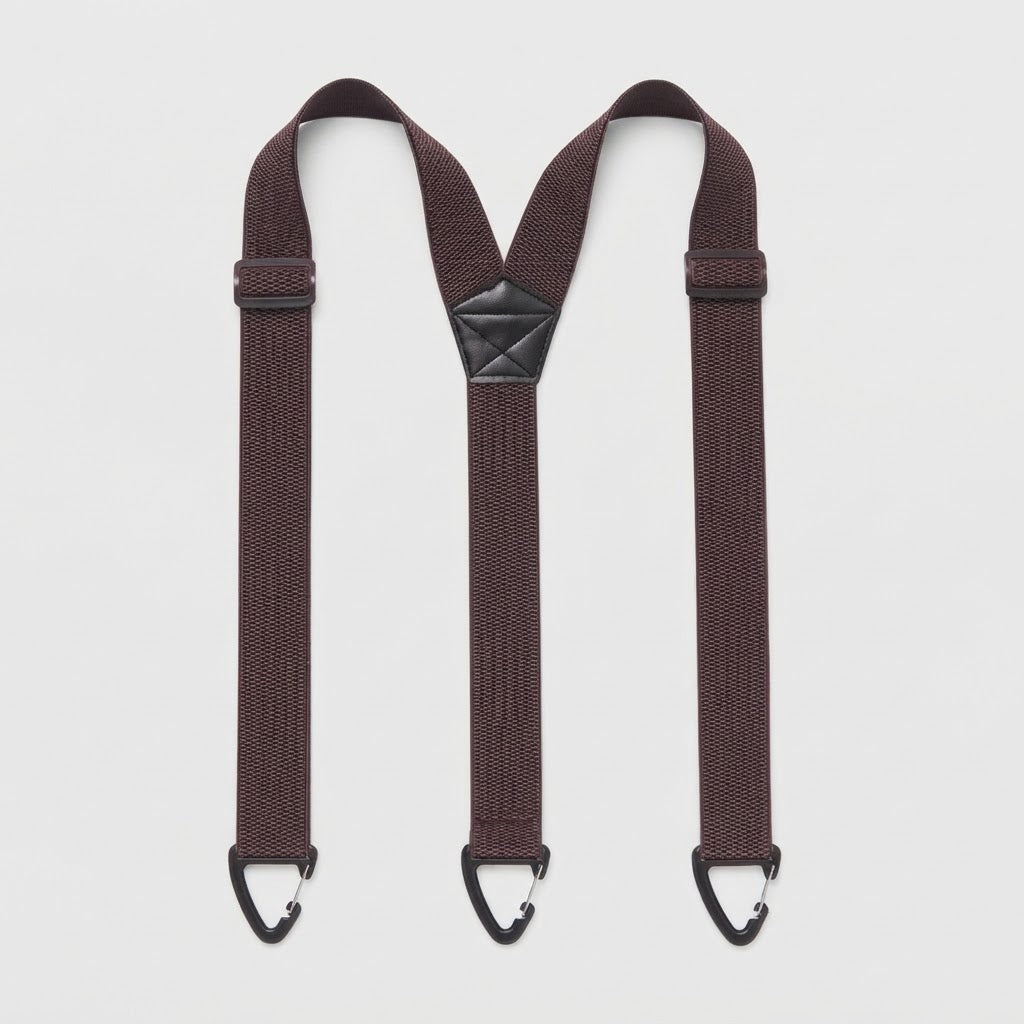 Dark brown Y-shape braces laid flat with three black clip hooks and adjusters 16