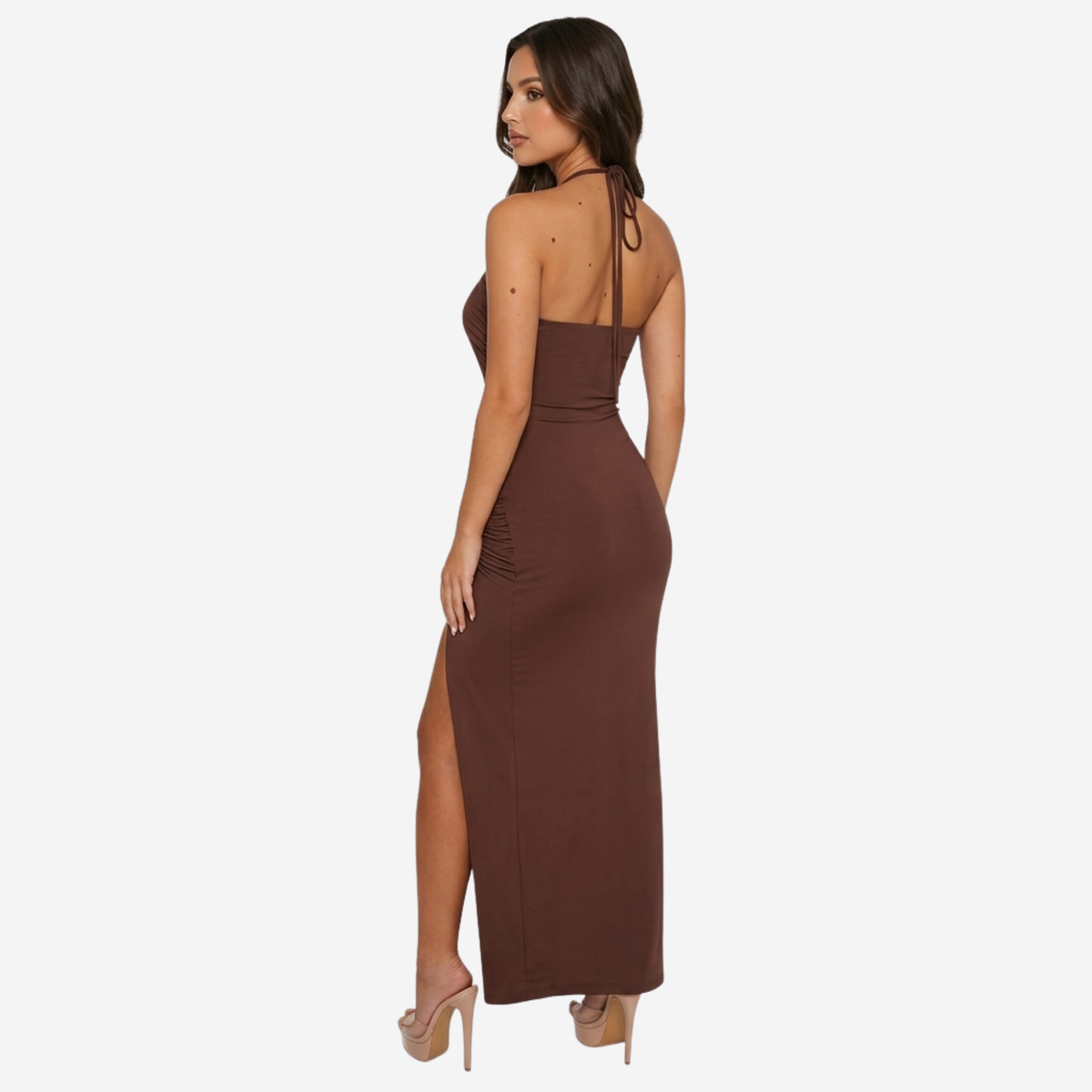 Maxi Dress Women's Halter Cut-out Ruched Side Slit with Drawstring