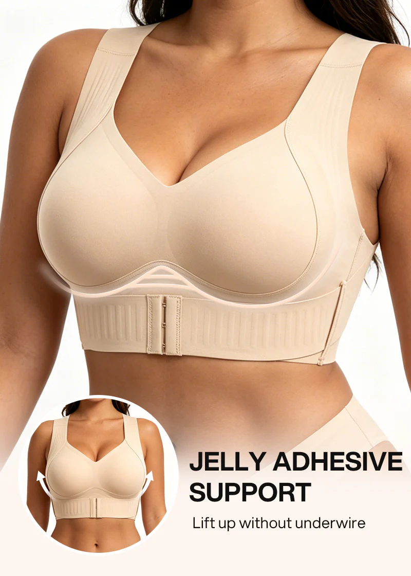 Close-up of the beige bra's front with a graphic highlighting the wire-free lifting support under the cups 4