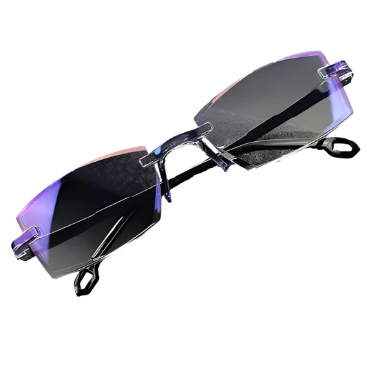 Rimless rectangular glasses with blue-tinted lenses and black arms, shown folded on a plain white background. 1
