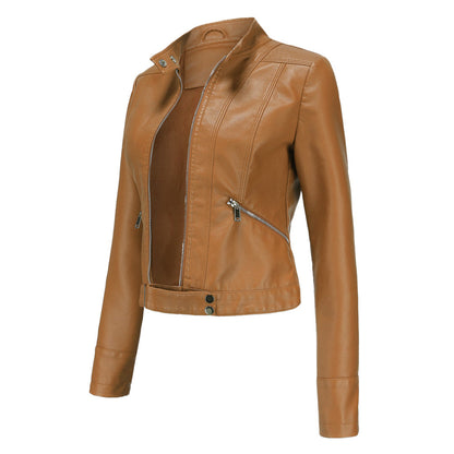 Three-quarter side view of the tan jacket, unzipped, showing collar studs, diagonal zip pocket and snap-fastened hem tab. 12