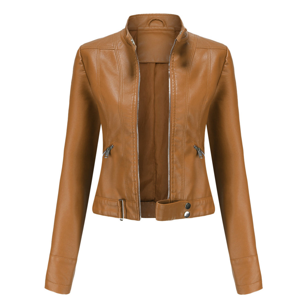 Front view of the jacket in tan, unzipped, with stand collar, slanted zip pockets and buckled hem strap. 5