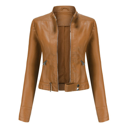 Front view of the jacket in tan, unzipped, with stand collar, slanted zip pockets and buckled hem strap. 5