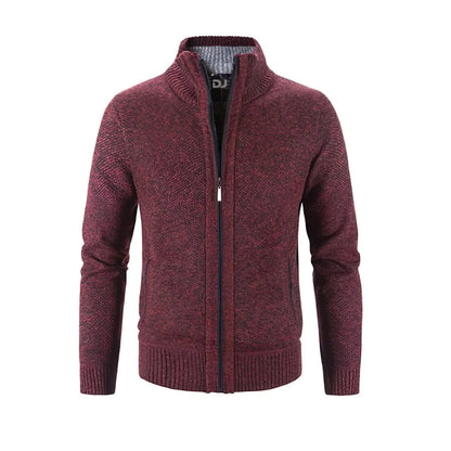 Burgundy marl zip-up cardigan with ribbed stand collar and a plaid lining visible at the open neckline, on a plain white background. 5