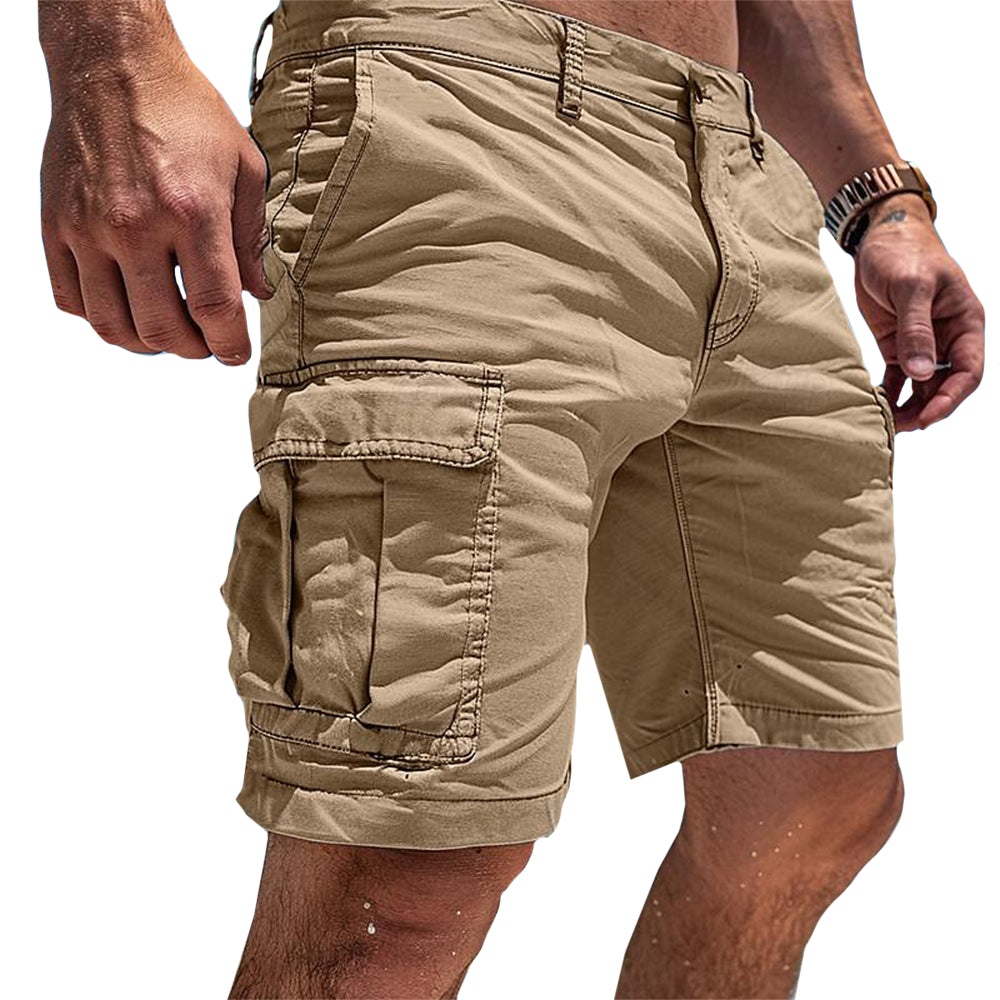 Model wearing khaki cargo shorts, shown from the front and side with the large flap pocket on the thigh. 2