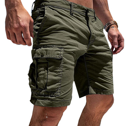 Model wearing olive green cargo shorts, shown from the front and side with the large flap pocket on the thigh. 3