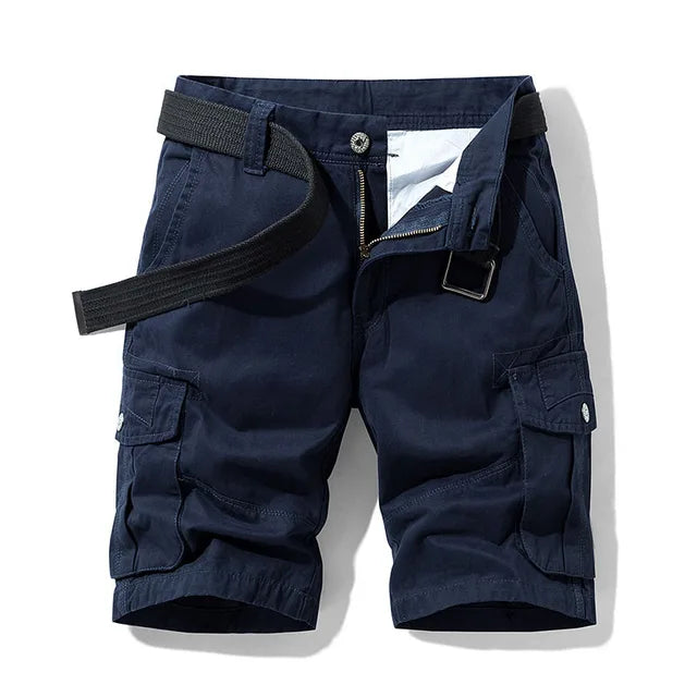 Front view of navy blue cargo shorts with a black webbing belt threaded through the loops and thigh pockets. 2
