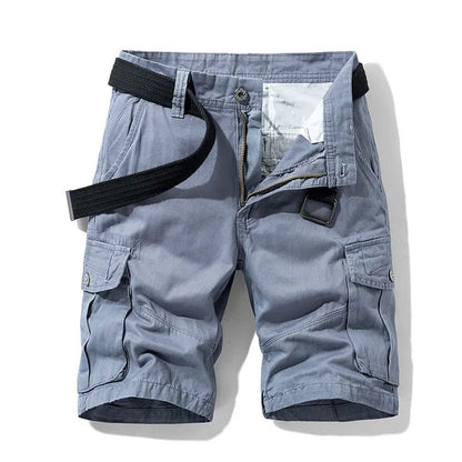 Front view of light grey-blue cargo shorts with a black webbing belt and flap pockets on both thighs. 4
