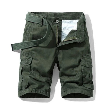 Front view of army green cargo shorts with a matching webbing belt, zip fly and buttoned side cargo pockets. 5