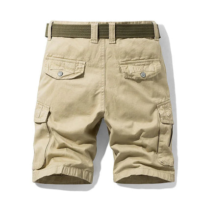 Back view of khaki cargo shorts showing two buttoned flap back pockets, side cargo pockets and the olive belt. 6