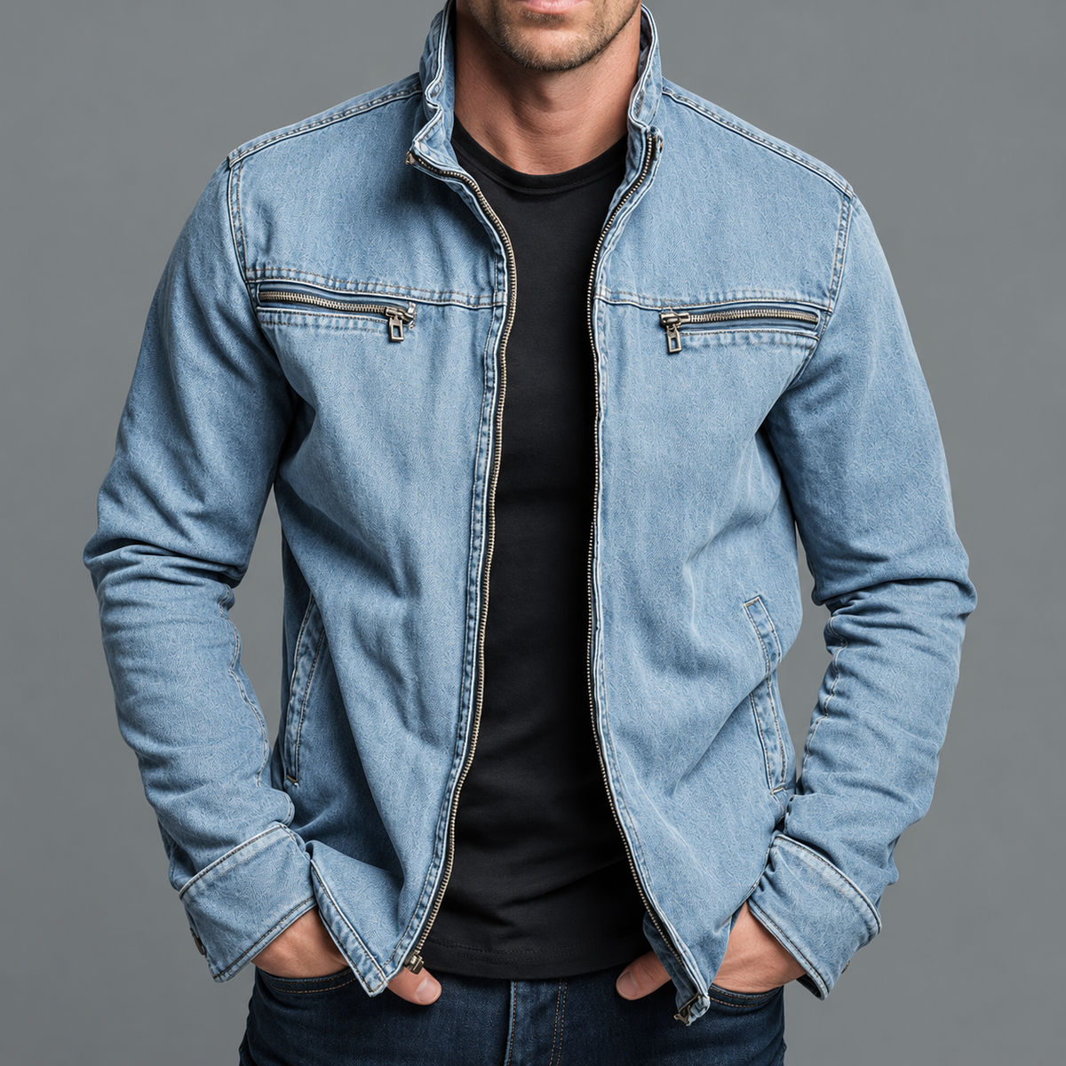 Man wearing the jacket in light blue denim, open over a black tee, with contrast stitching 7