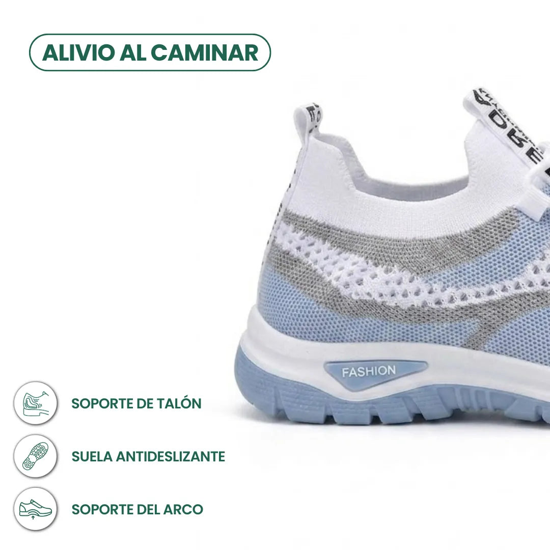 Close-up of the heel of the white and pale blue trainer, with callouts for heel support, non-slip sole and arch support. 4