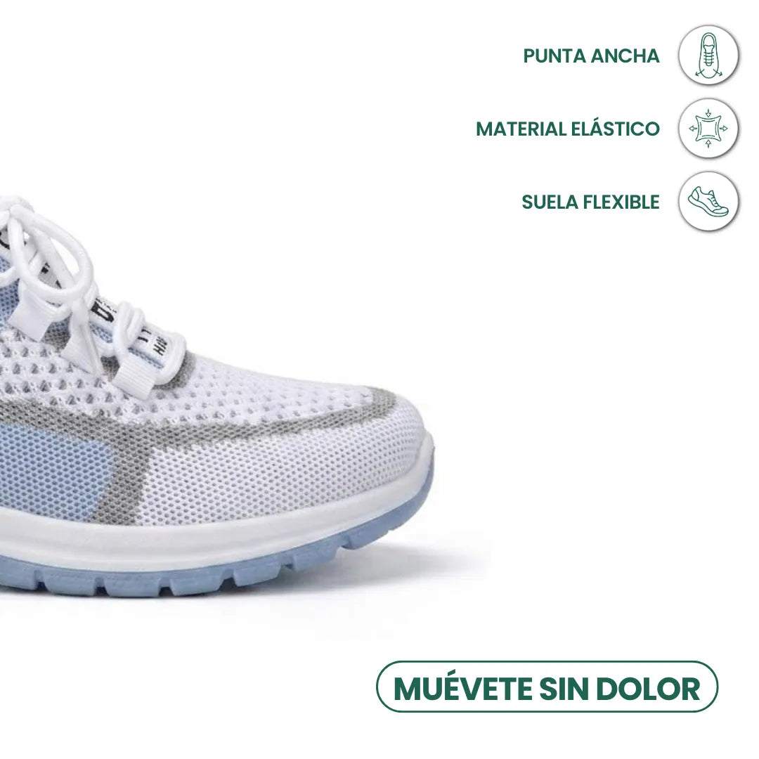 Close-up of the toe of the white and pale blue trainer, with callouts for wide toe box, stretch material and flexible sole. 5