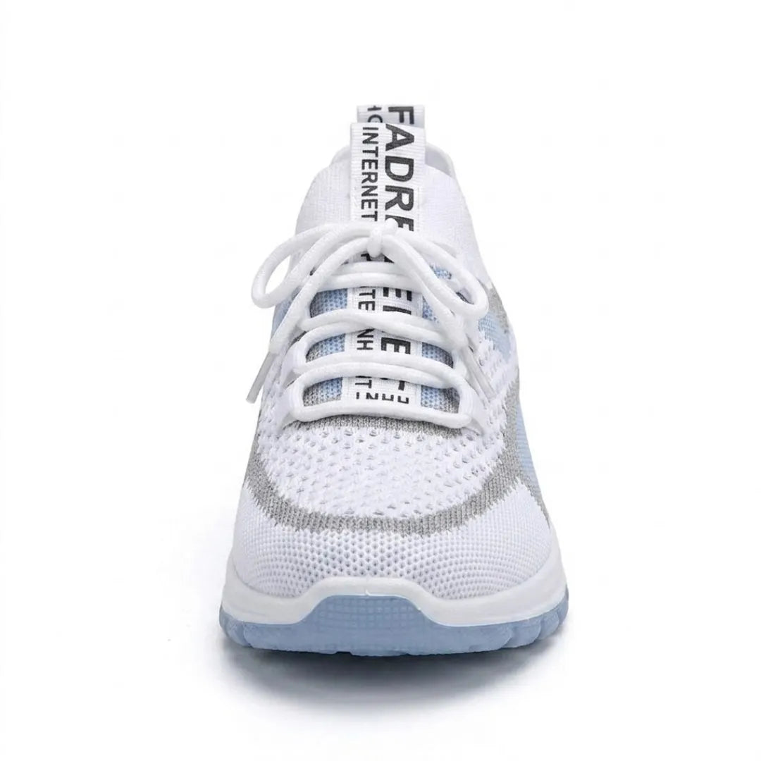 Front view of the white and pale blue mesh trainer, showing the rounded toe, laces and printed heel tab. 8