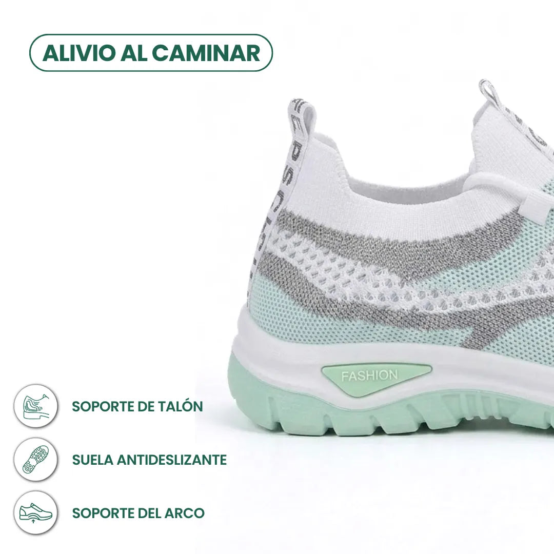Close-up of the heel of the white and mint green trainer, with callouts for heel support, non-slip sole and arch support. 13