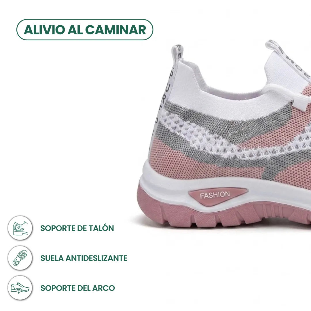 Close-up of the heel of a white, grey and pink mesh trainer with pink sole, with icons for heel support, grip and arch support. 22