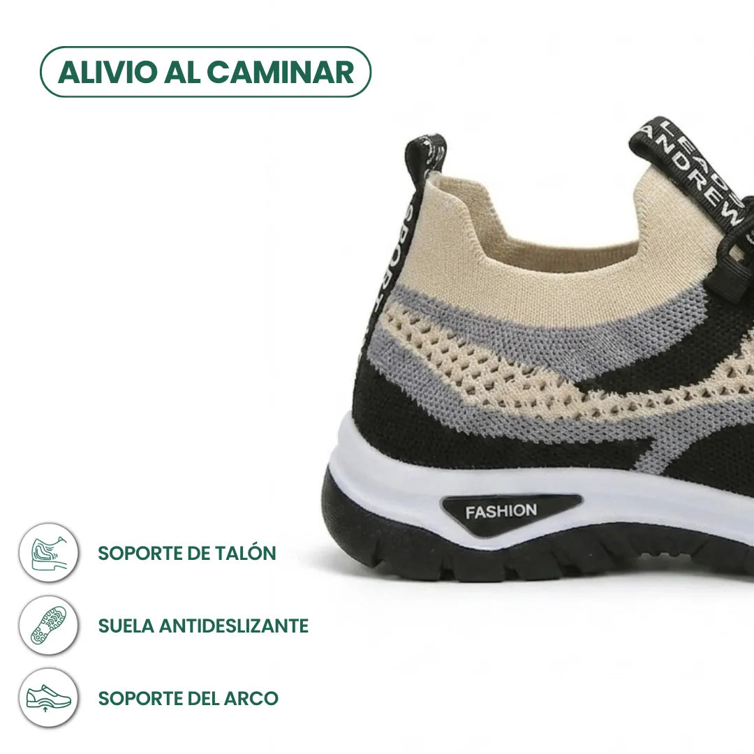 Close-up of the heel of a beige, grey and black mesh trainer, with icons for heel support, grip and arch support. 40