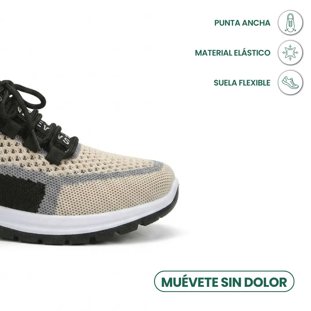 Close-up of the beige and grey mesh toe box with black laces and white midsole, beside icons highlighting a wide toe, stretch fabric and flexible sole. 41