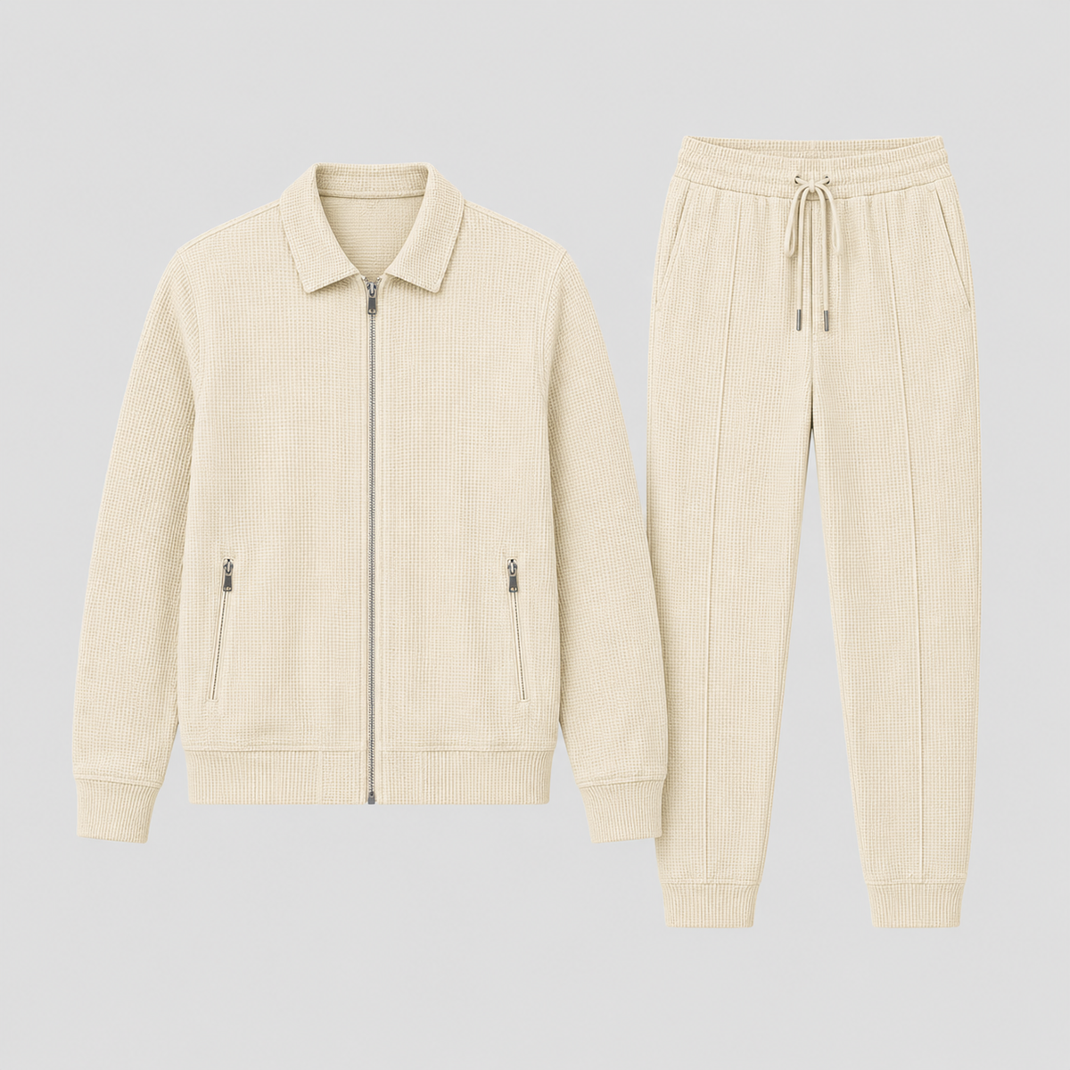 Flat lay of the cream jacket with zipped pockets beside the drawstring trousers with ribbed cuffs 6
