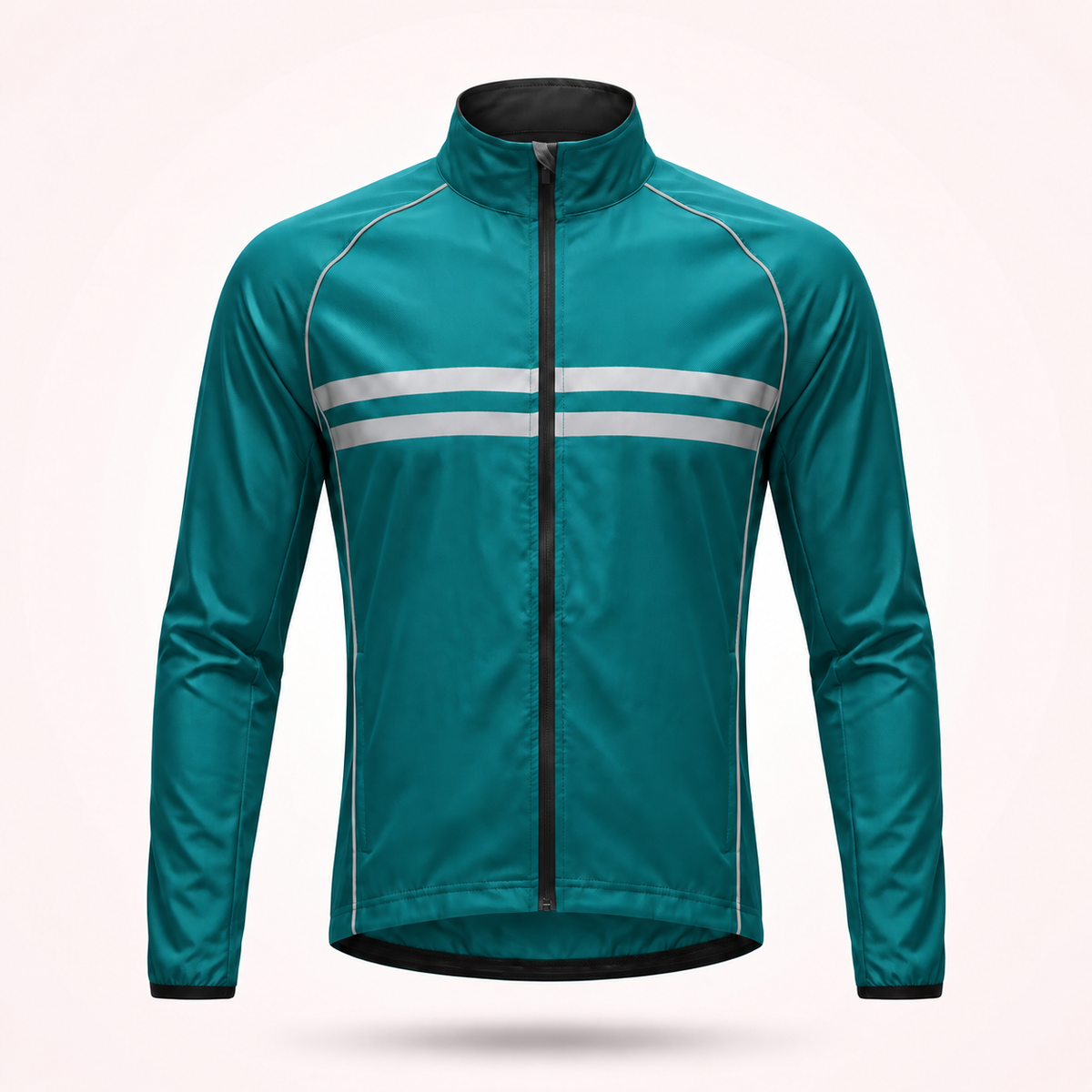 Front view of the teal stand-collar jacket with two reflective stripes, grey piping and a black full-length zip. 14