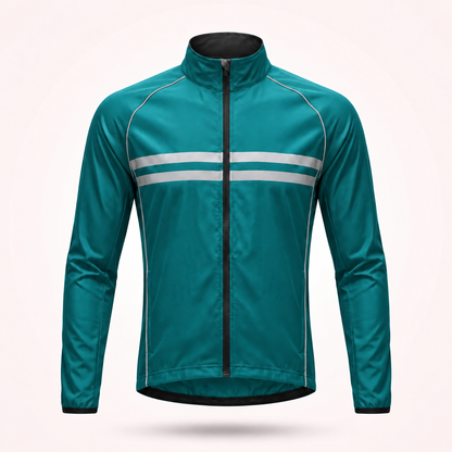 Front view of the teal stand-collar jacket with two reflective stripes, grey piping and a black full-length zip. 14