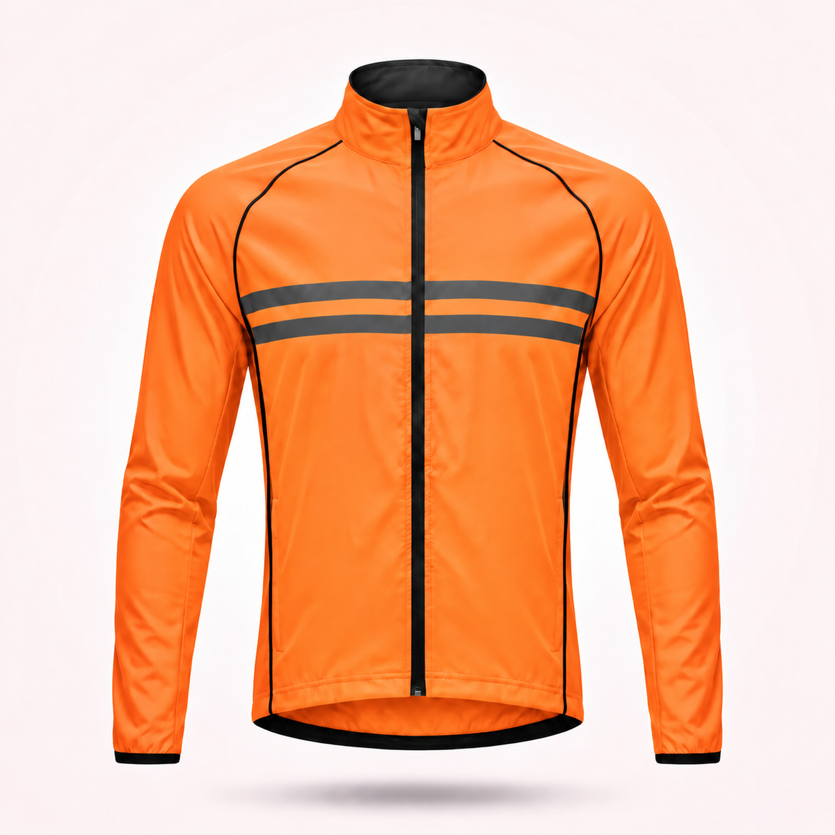 Front view of the bright orange stand-collar jacket with two dark grey reflective stripes and black piping along the seams. 15