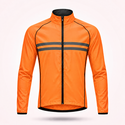 Front view of the bright orange stand-collar jacket with two dark grey reflective stripes and black piping along the seams. 15