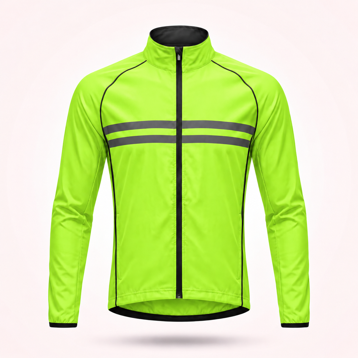 Front view of the fluorescent yellow-green stand-collar jacket with two grey reflective stripes and black piping. 16