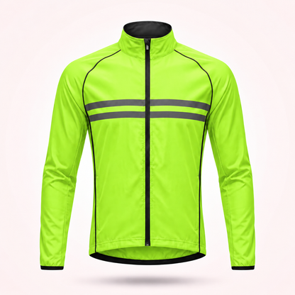 Front view of the fluorescent yellow-green stand-collar jacket with two grey reflective stripes and black piping. 16