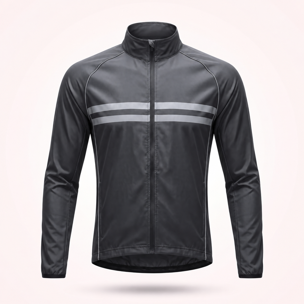 Front view of a black stand-collar cycling jacket with two grey reflective stripes across the chest and a full-length zip. 1