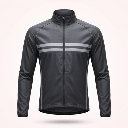 Front view of a black stand-collar cycling jacket with two grey reflective stripes across the chest and a full-length zip. 1